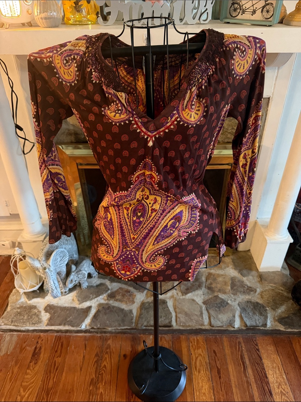 Vintage Lucky Brand Burgundy Paisley V-Neck Blouse with Yellow & Purple Accents